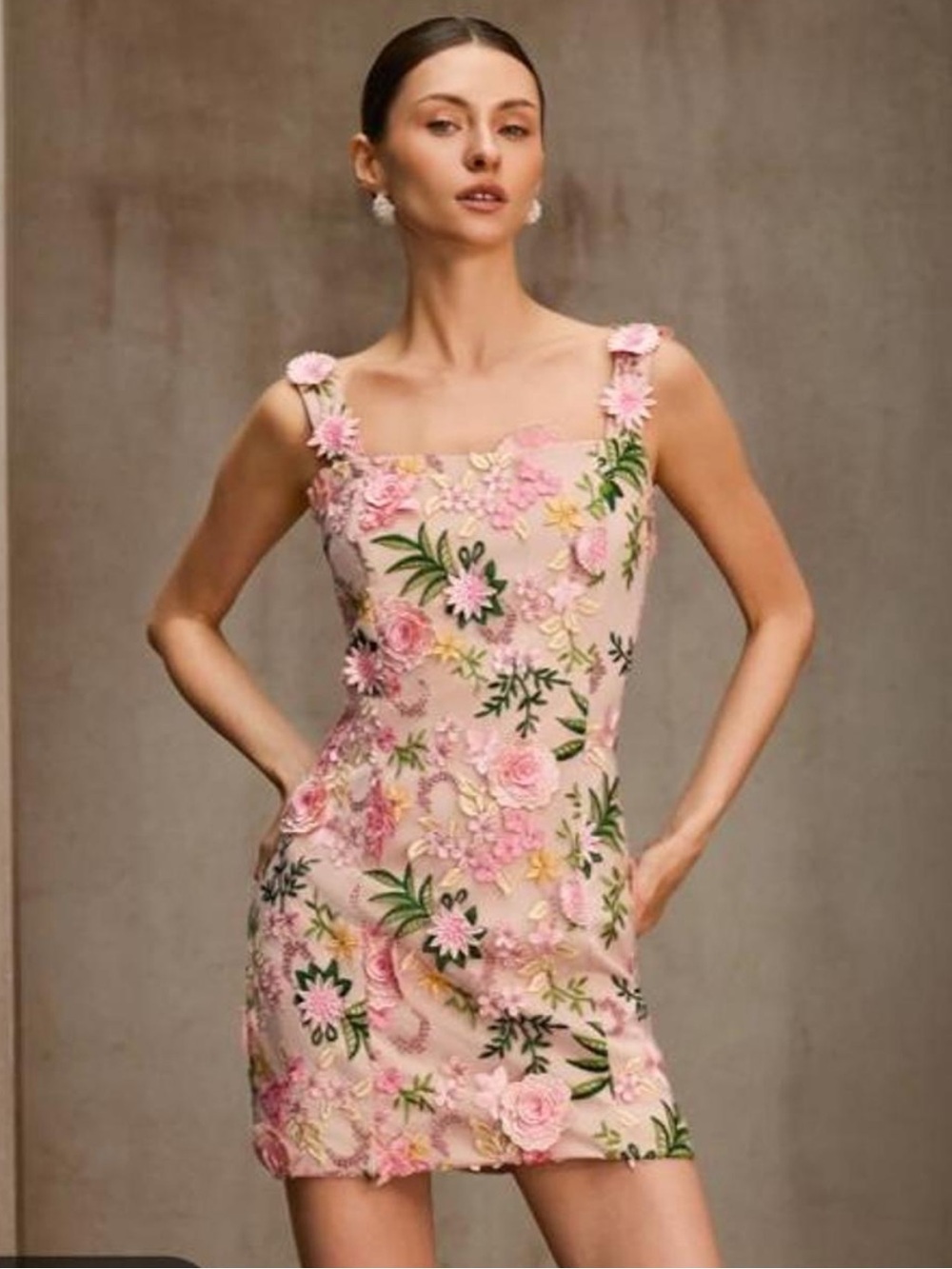 Elliatt Aellla Embroidered 3D pink floral mini dress with green leaves